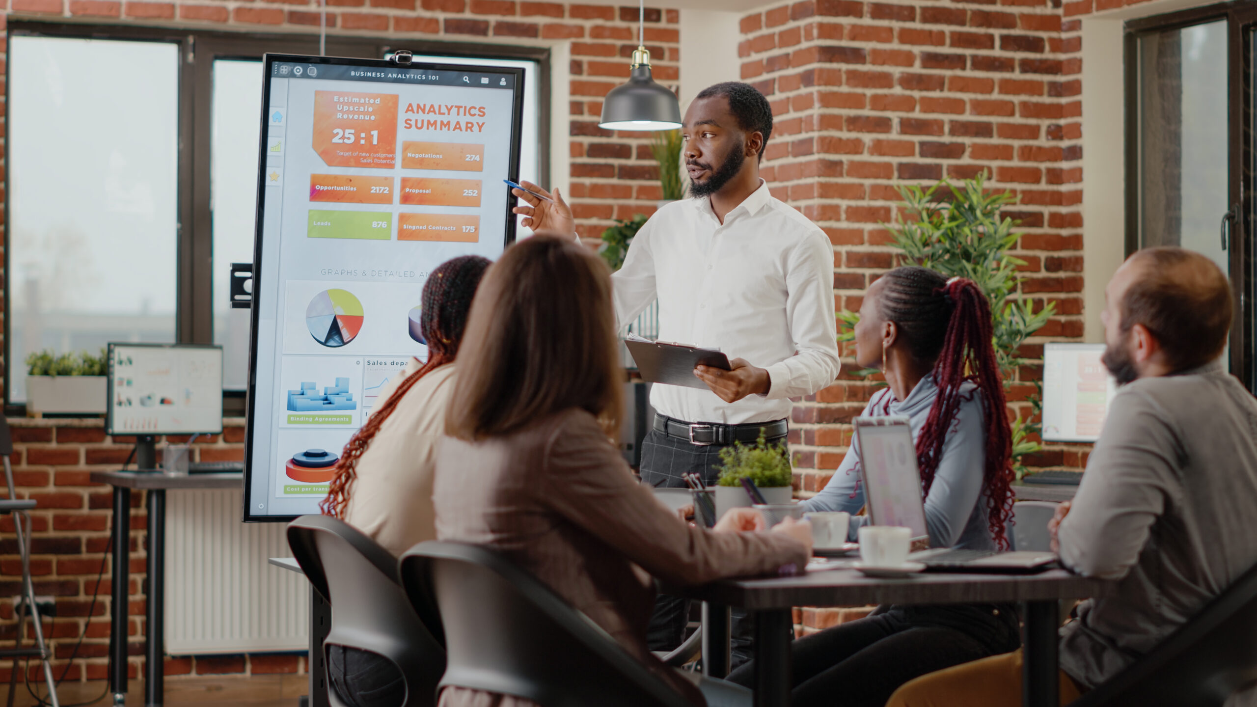 Company employee presenting business strategy with charts